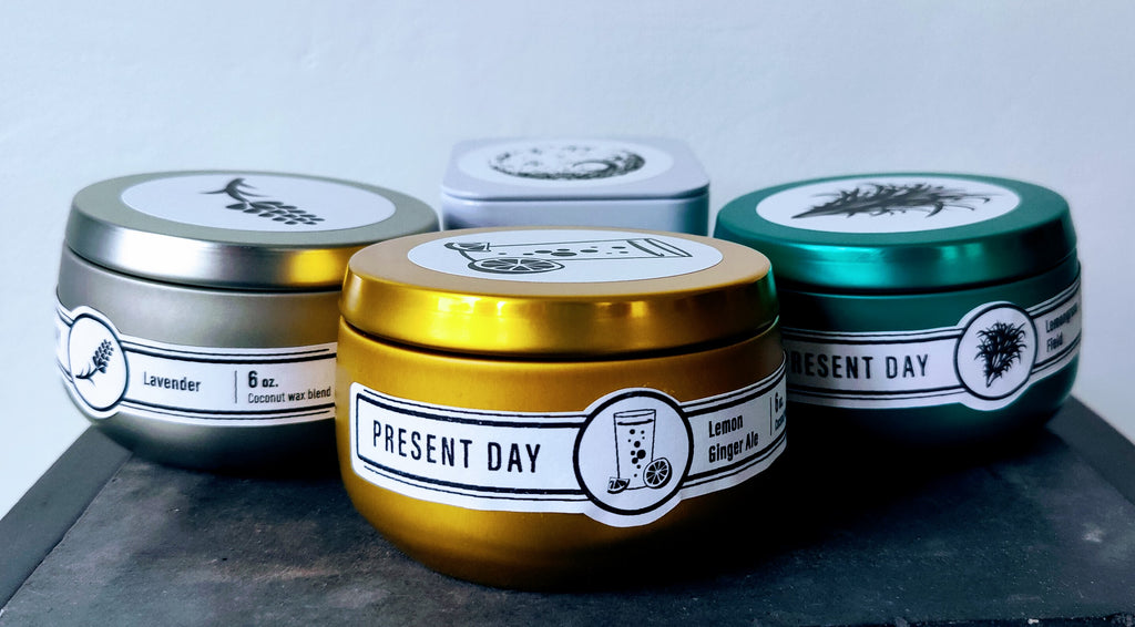 Present Day Candles Candle Gift Tins Lemongrass, Lemon Ginger-Ale, Lavender, Moonflower