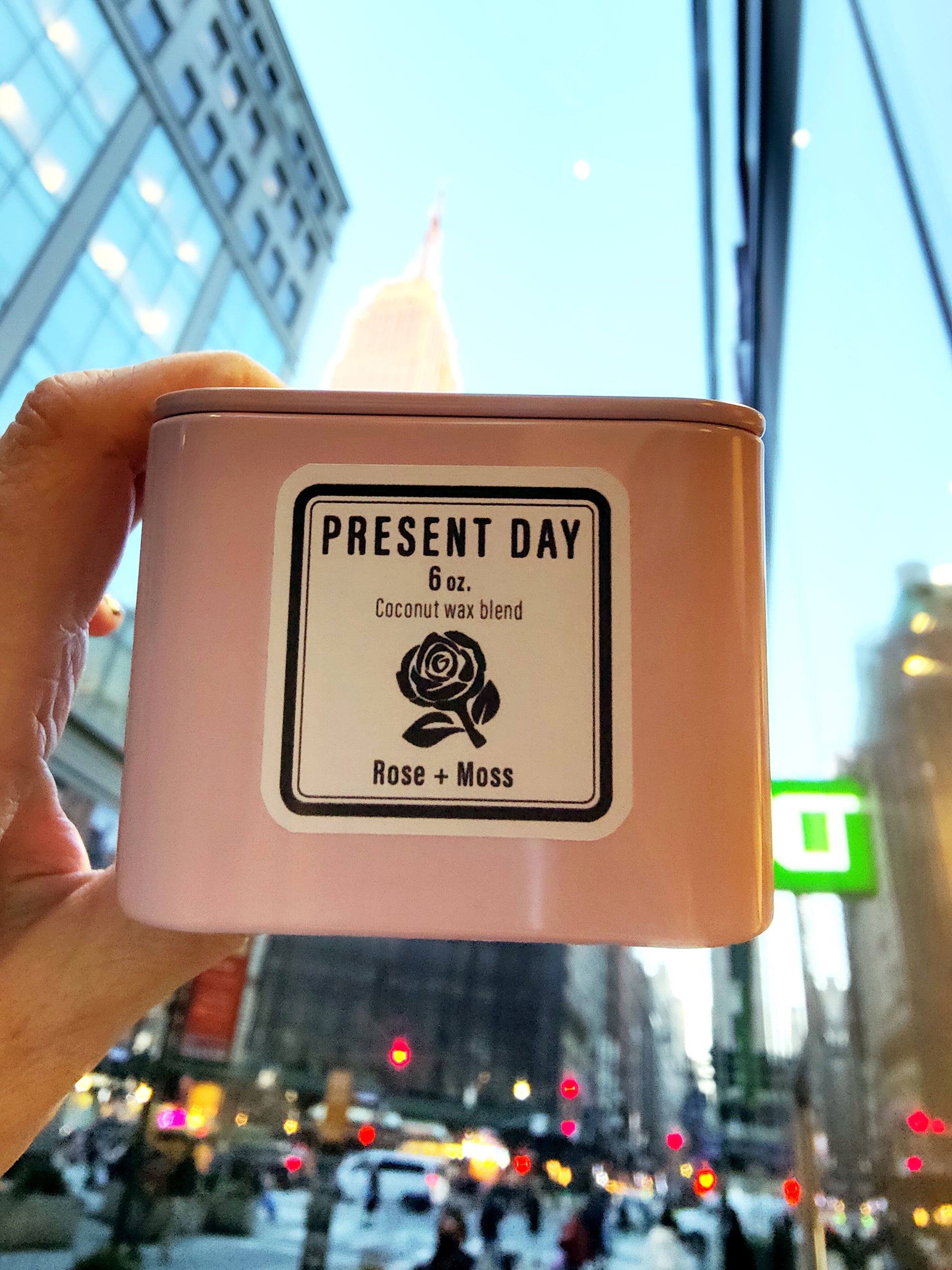 Rosa Fresca Candle – Hand-Poured Coconut Wax in Pink Square Gift Tin, Fresh Rose & Citrus Scent