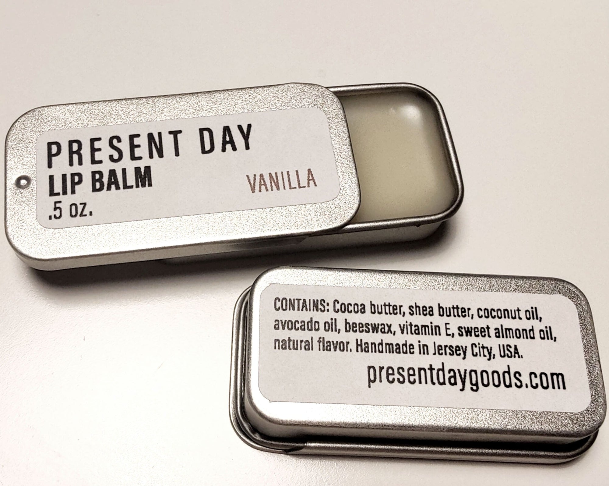 Present Day Vanilla Lip Balm in a Sliding Tin– Deeply Hydrating & Plastic-Free