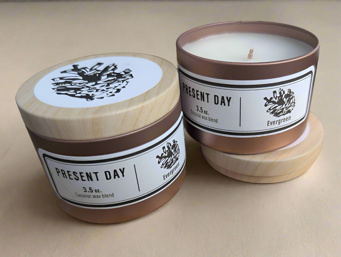 Evergreen scented candle in a travel tin, 3 oz.