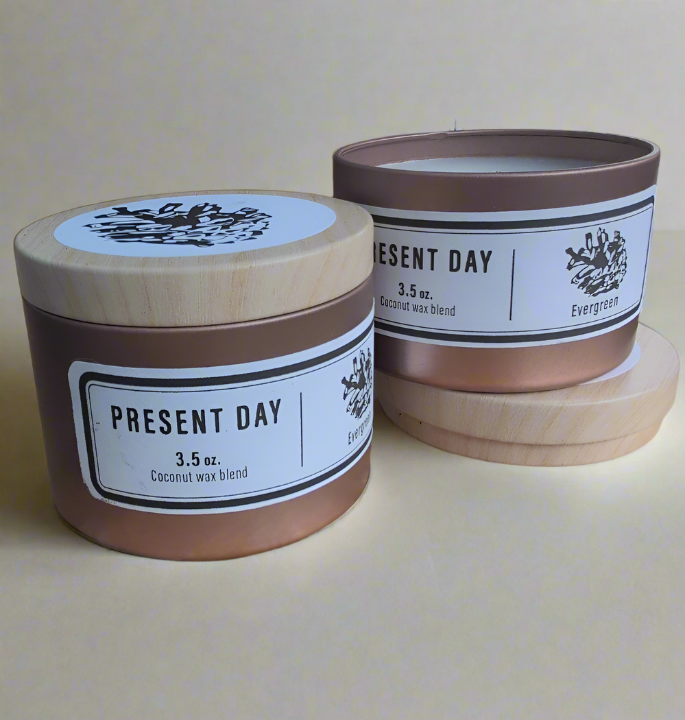 Evergreen scented candle in a travel tin, 3 oz.