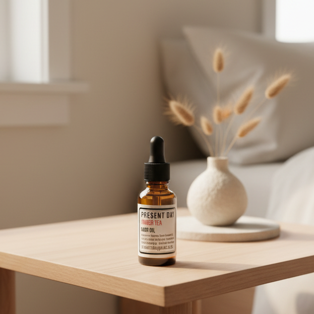 Bottle of Present Day Raw Tea Lash Oil on a wooden table with a vase and dried plants in the background.