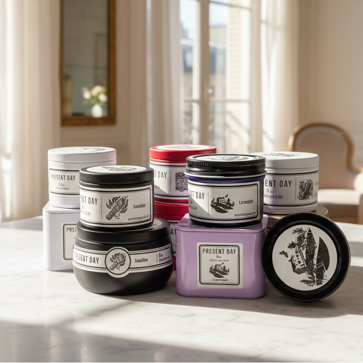 Collection of Present Day candles on a marble surface with a neutral background