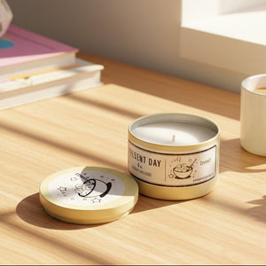 Candle in a yellow tin with a decorative label on a white background