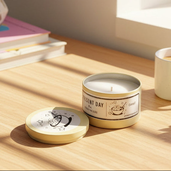 Candle in a yellow tin with a decorative label on a white background