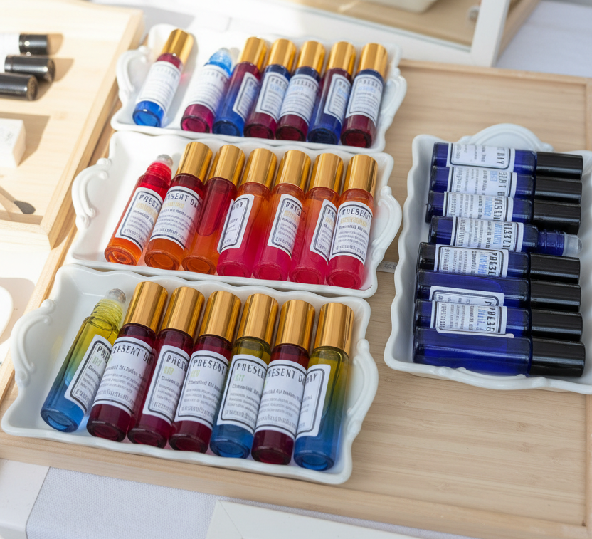 A set of perfume oil roller bottles in various colors and sizes, organized in white trays on a light wooden surface. The bottles feature gold caps and white labels with the brand name 'PRESENTS'.