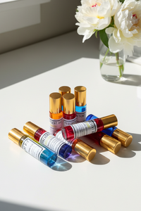 A set of small cylindrical cosmetic bottles with shiny gold caps arranged on a white tabletop near a window, with white flowers in a glass vase in the background.