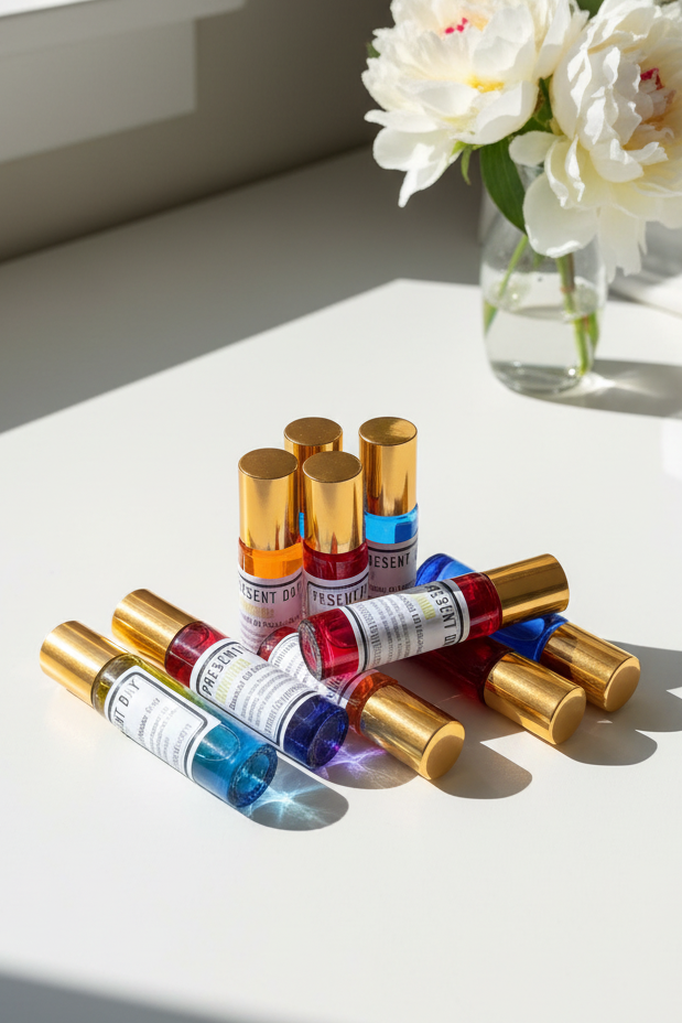A set of small cylindrical cosmetic bottles with shiny gold caps arranged on a white tabletop near a window, with white flowers in a glass vase in the background.