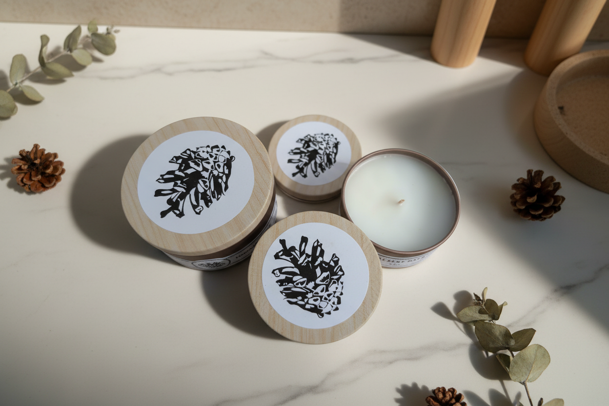 Three candles with decorative labels on a light background