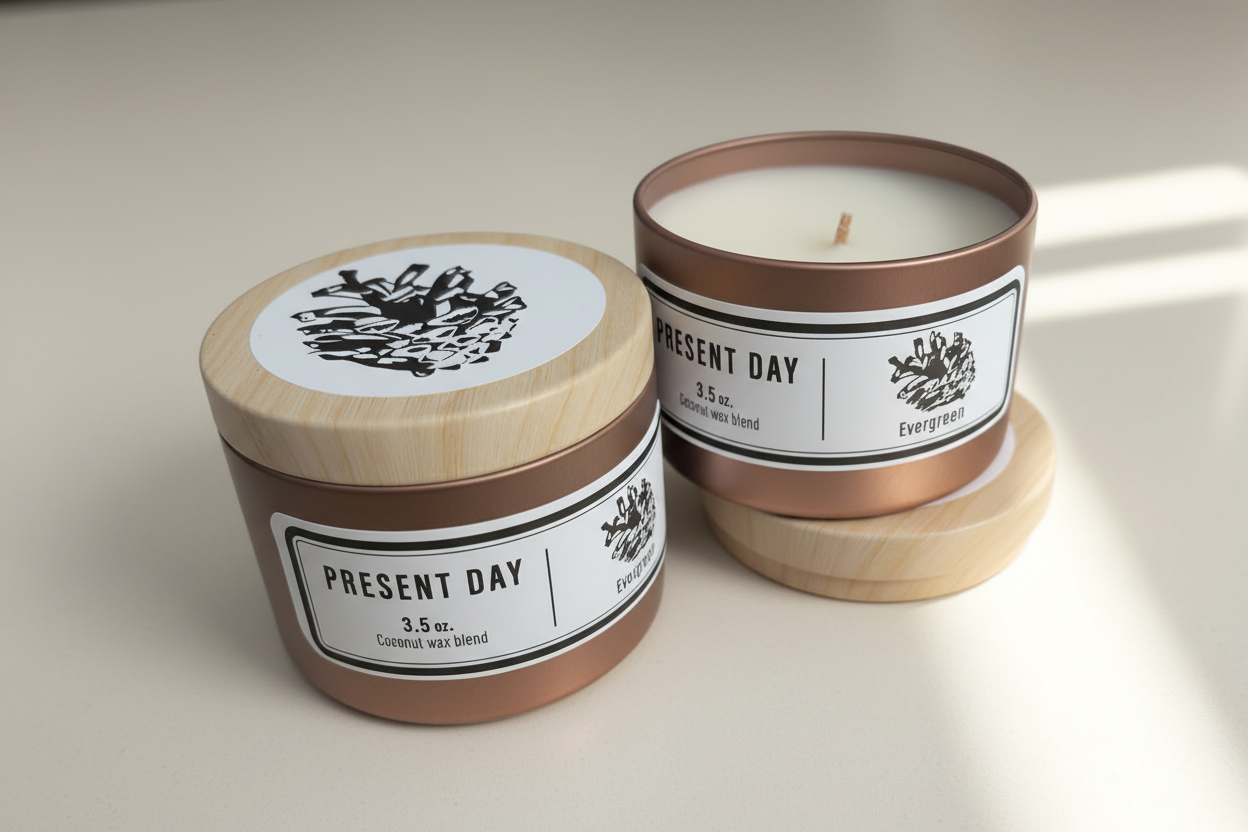 Two candles with 'Present Day' branding on a beige background