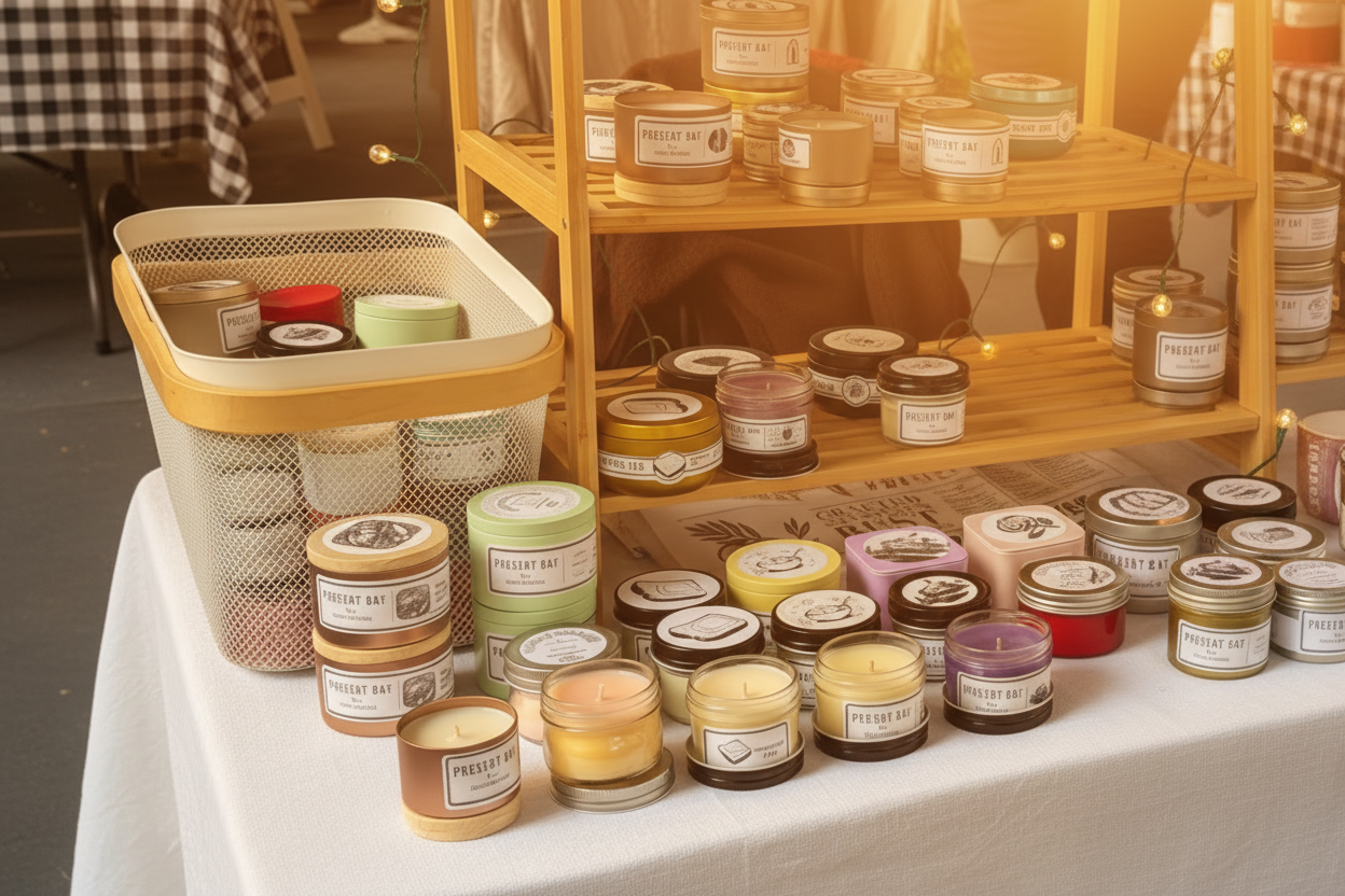 Assorted candles on a wooden shelf and table with a person partially visible.
