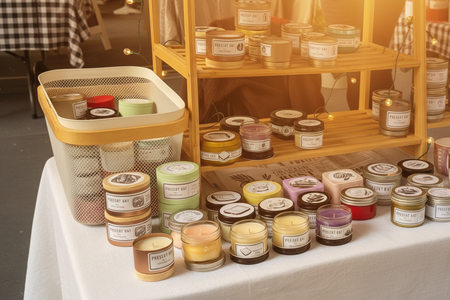 Assorted candles on a wooden shelf and table with a person partially visible.