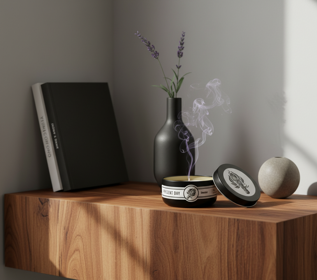 Candle in a black container with 'Present Day' branding on a light background