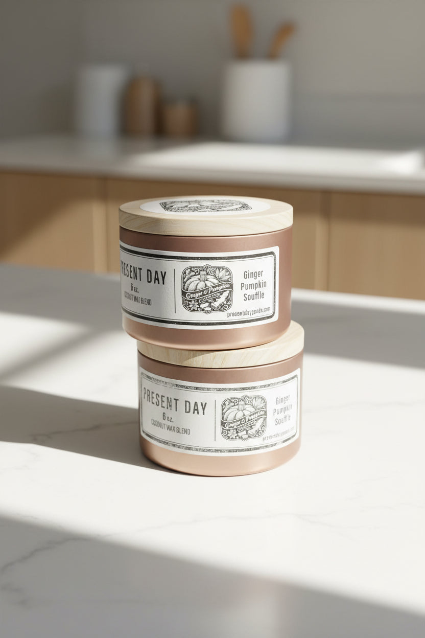 Two 'Present Day' candles stacked with a bowl of oranges in the background