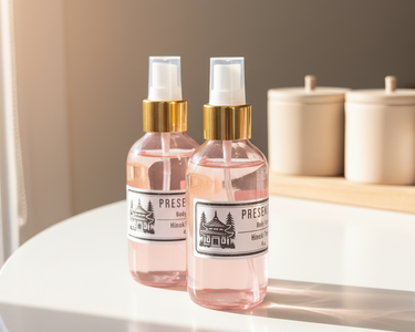 Two pink spray bottles with gold nozzles on a white surface, with a neutral background.
