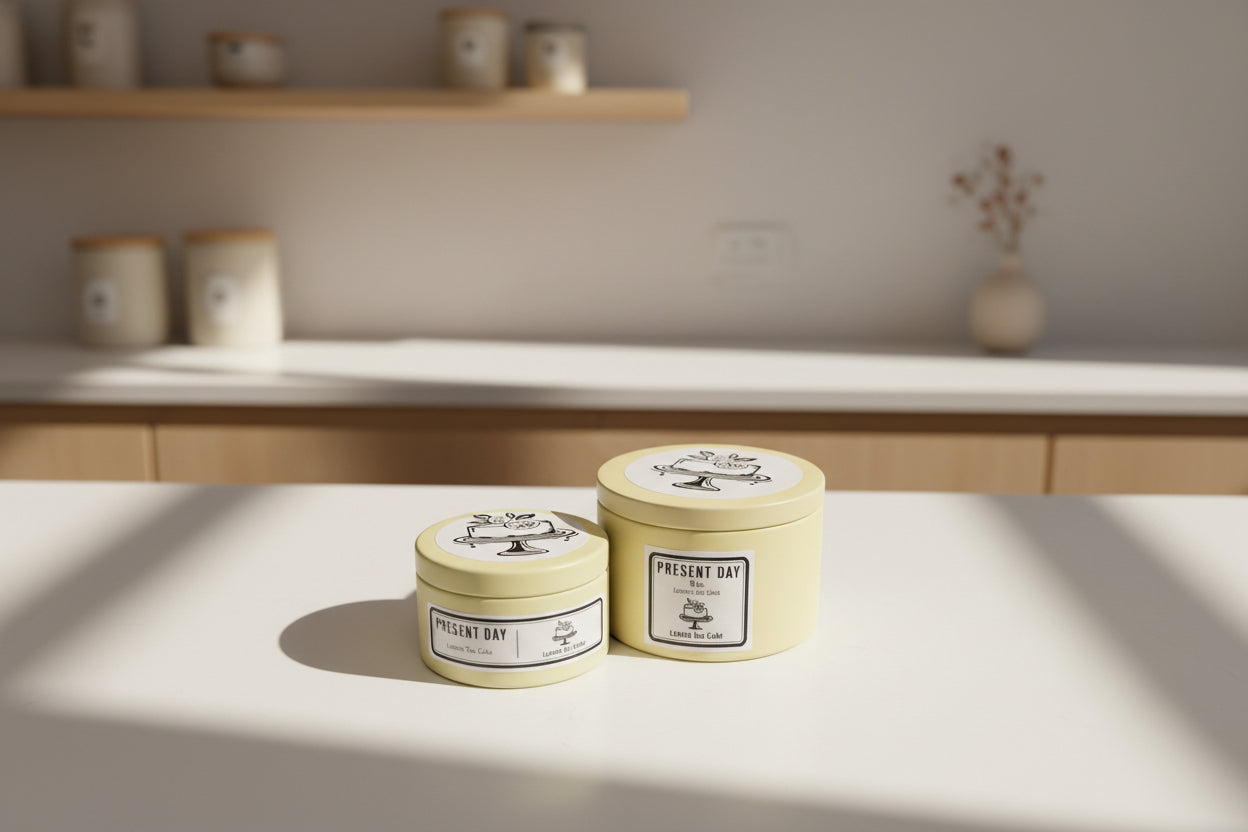 Two round containers with yellow lids featuring cake illustrations on a white background