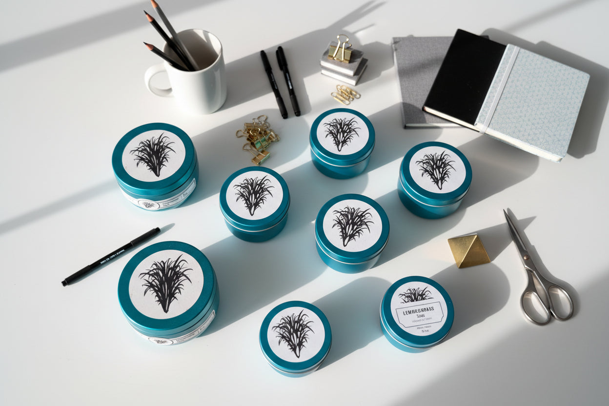 Two small containers with blue lids featuring black plant illustrations on a light gray background.