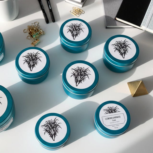 Blue tins with seaweed design on lids arranged on a light surface