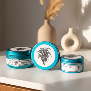 Three blue tins with labels on a surface with decorative vases in the background