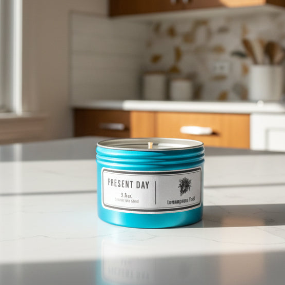 Candle in a blue container on a kitchen counter with a blurred background