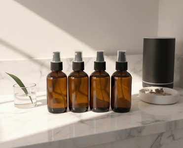 Four amber glass bottles with black spray nozzles on a marble surface.