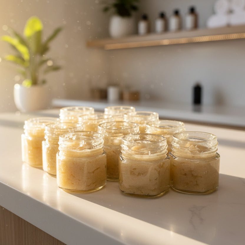 Multiple small glass jars filled with lip sugar scrub on a marble table.
