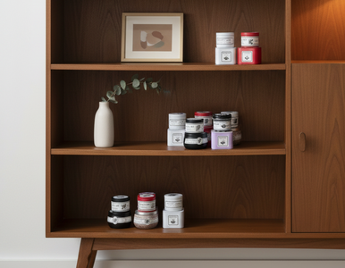 Wooden shelf with decorative items including candles and a vase.