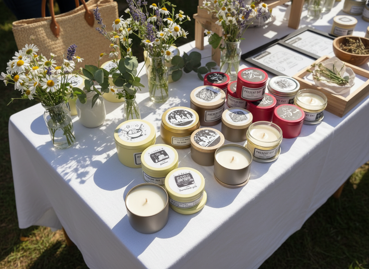 Assorted candles with decorative lids on a white surface