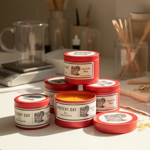 Collection of 'Present Day' candles in red tins on a surface with a blurred background.