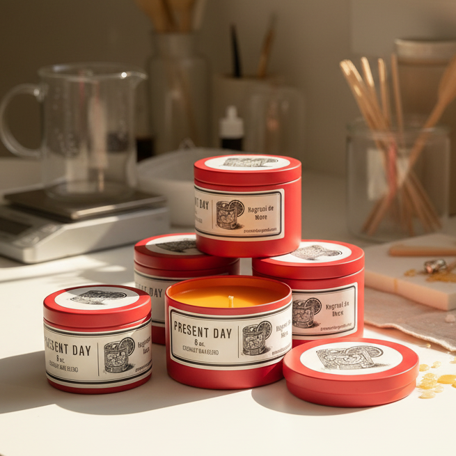 Collection of 'Present Day' candles in red tins on a surface with a blurred background.