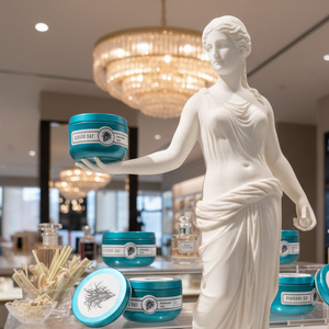 Statue holding a blue container with similar containers displayed around in a store setting