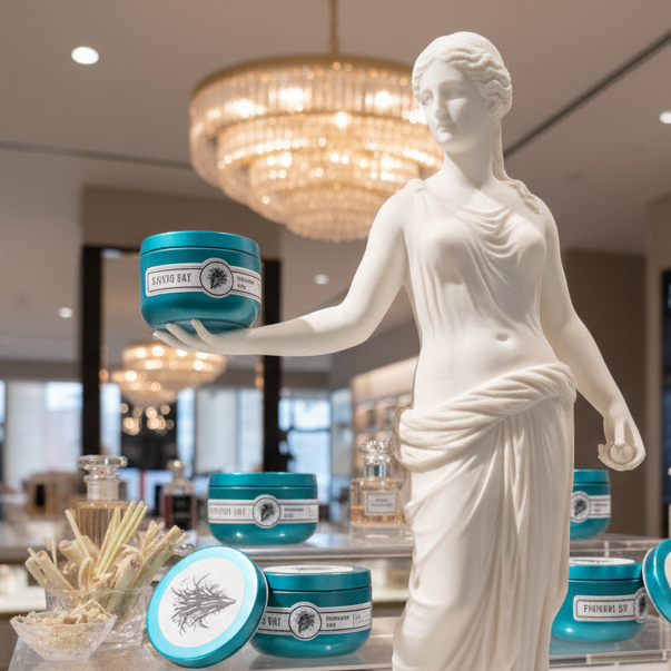 Statue holding a blue container with similar containers displayed around in a store setting