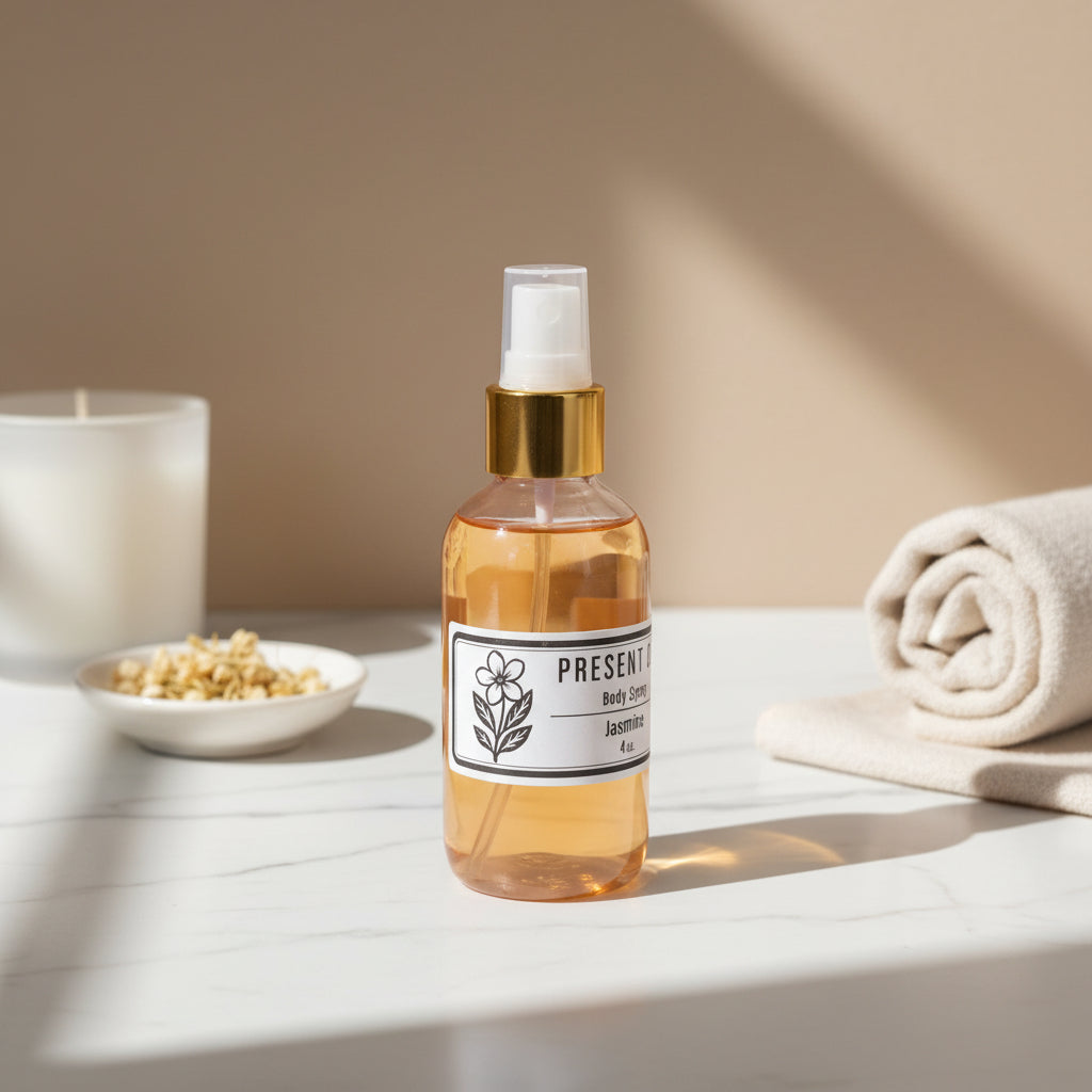 Bottle of 'Present Day' body spray on a counter with blurred background