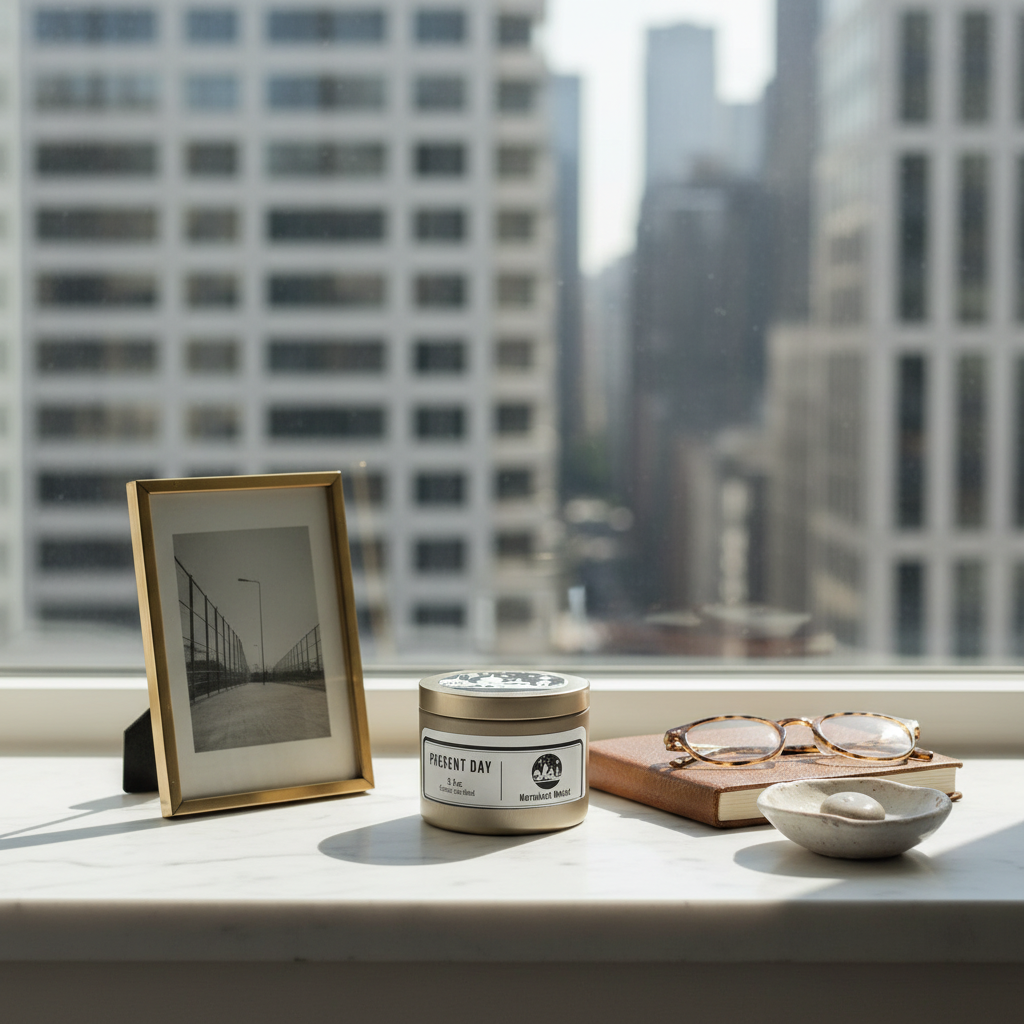 Candle, photo frame, and glasses on a windowsill with cityscape background