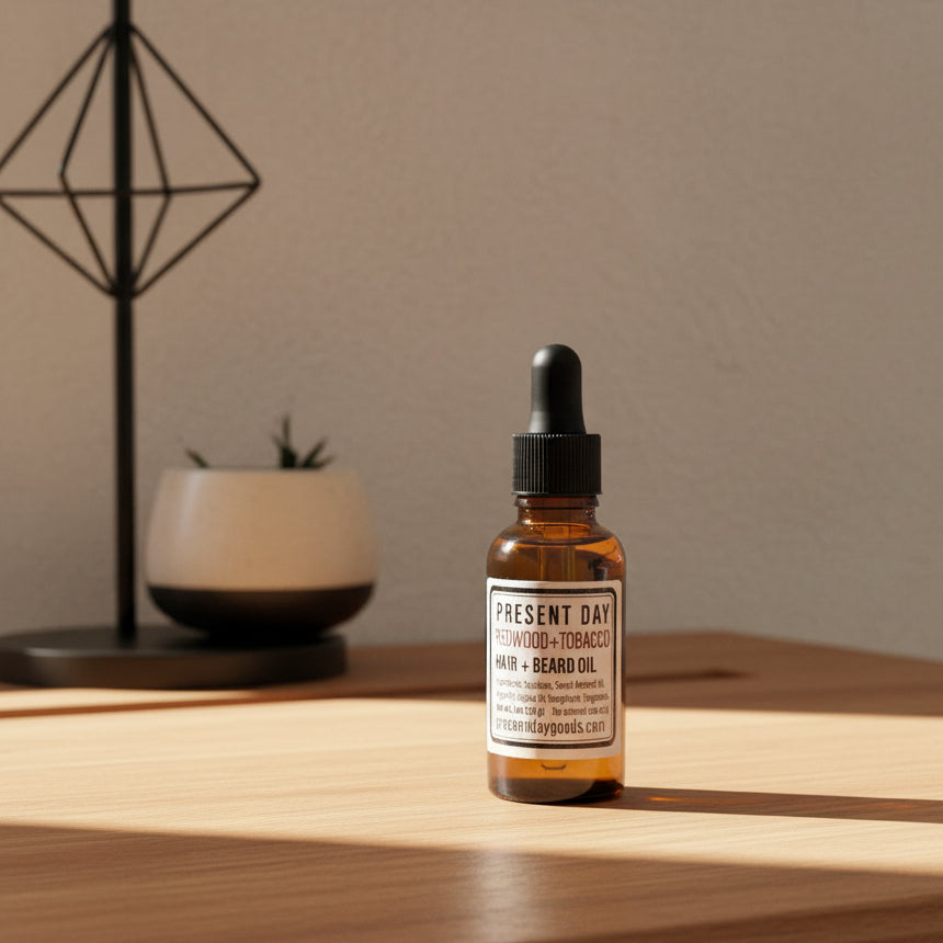 Bottles of Present Day Redwood + Tobacco Hair + Beard Oil on a shelf.