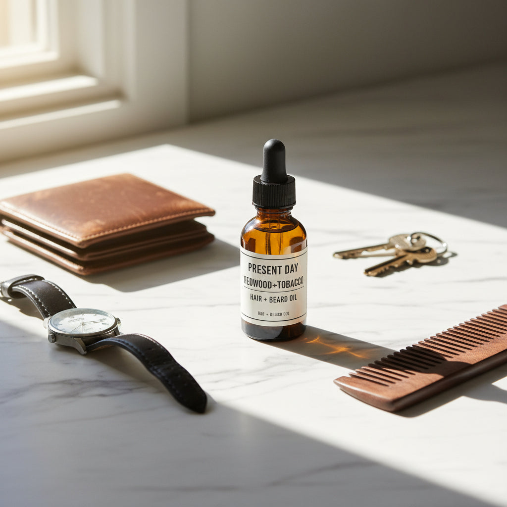Bottles of Present Day Redwood + Tobacco Hair and Beard Oil on a shelf.