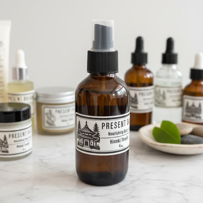 Collection of skincare products on a marble surface with 'Present' branding.