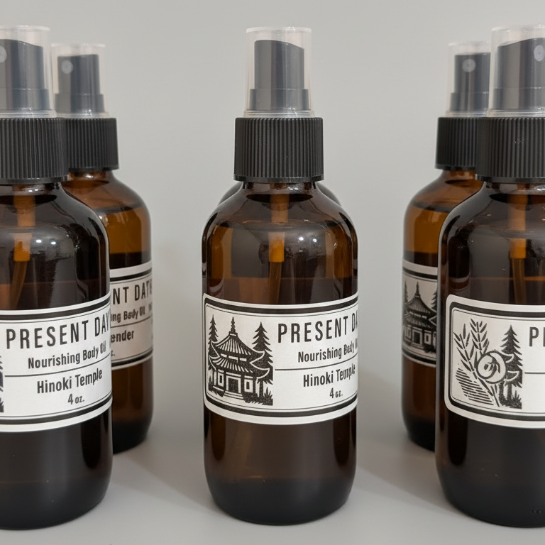 Set of brown bottles with black caps and labels on a gray background