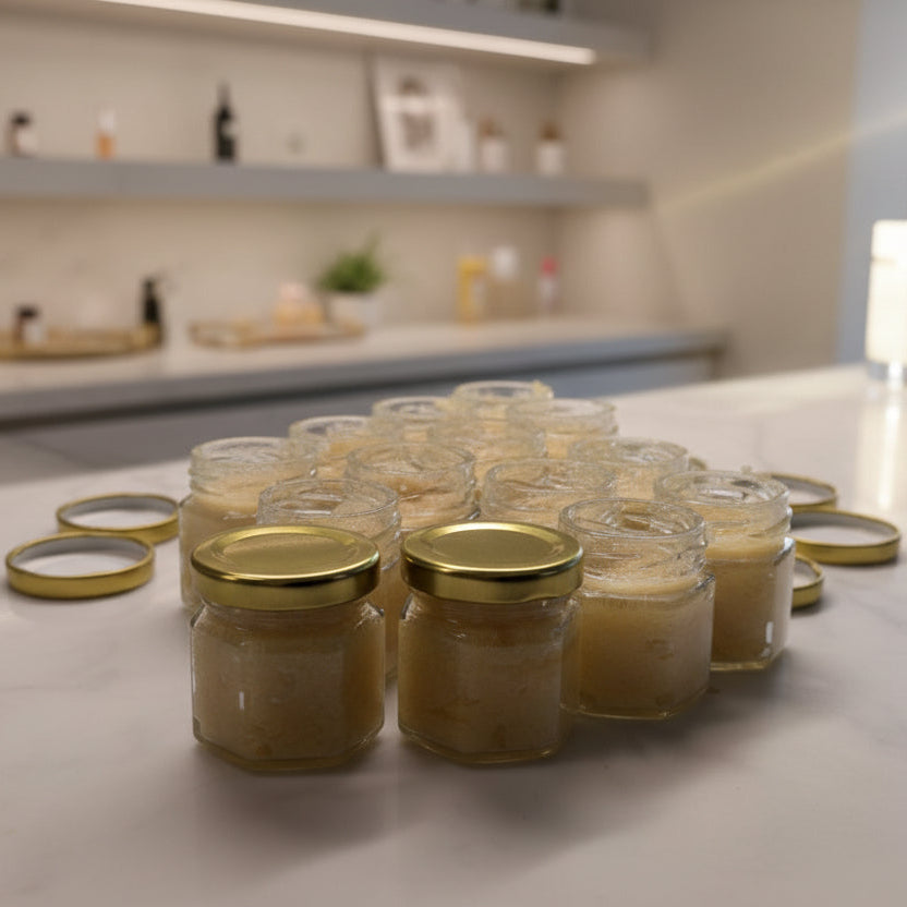Jars of lip scrubs with golden lids on a marble countertop