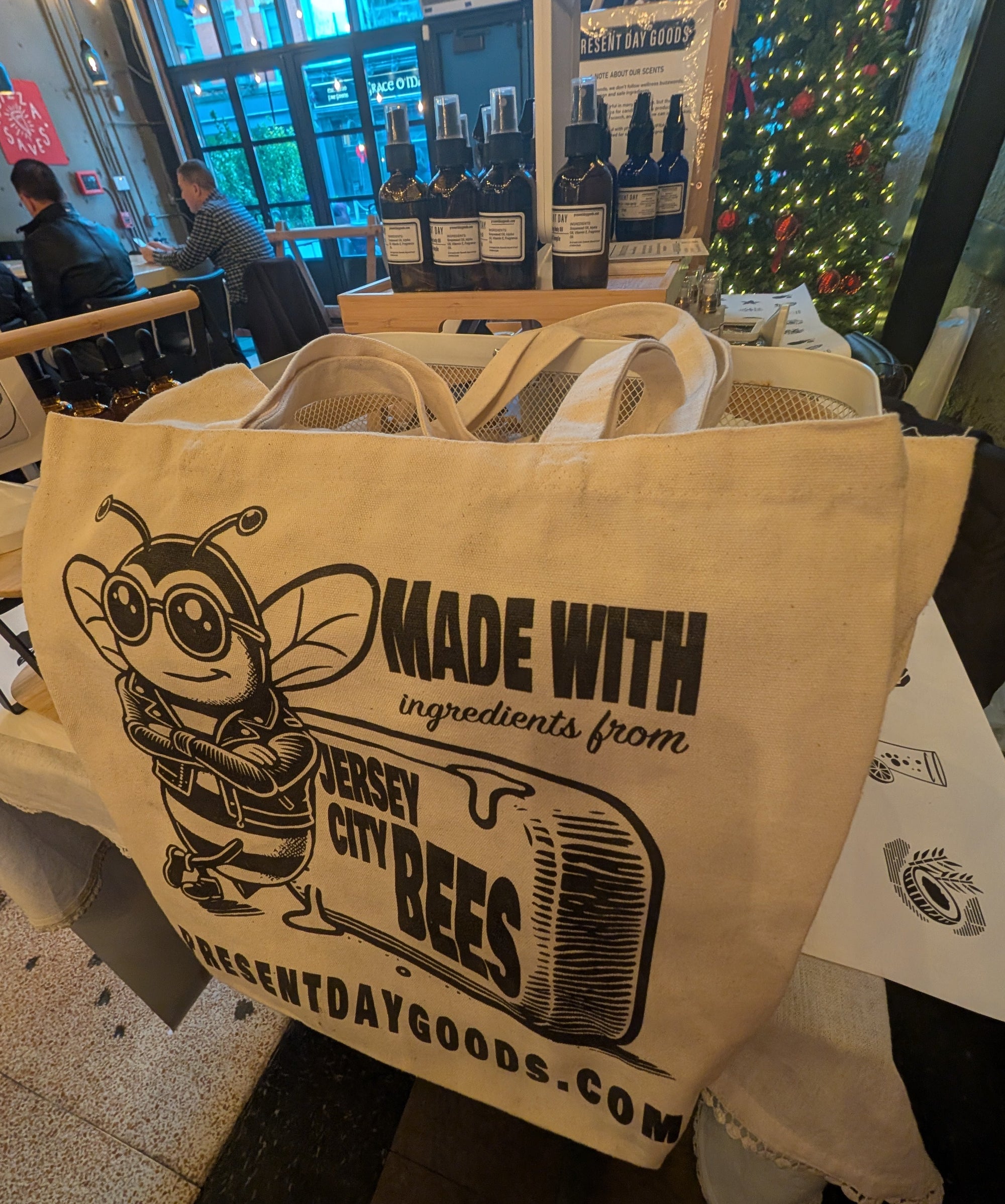 Organic cotton canvas tote bag with Jersey City Bees illustration, Present Day Goods