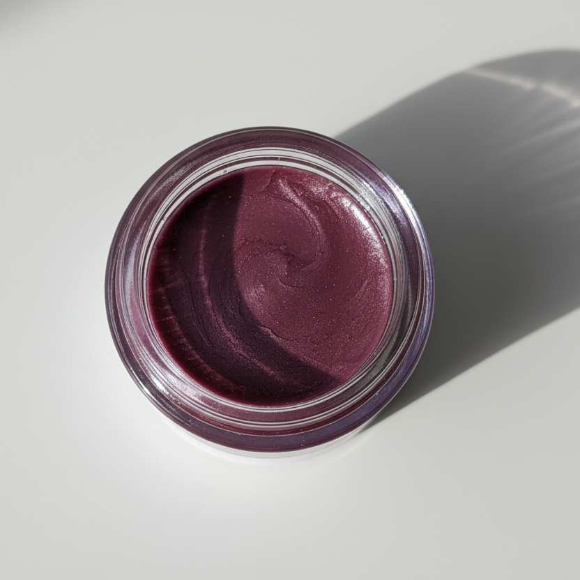 Jar of purple lip tint on a light gray background