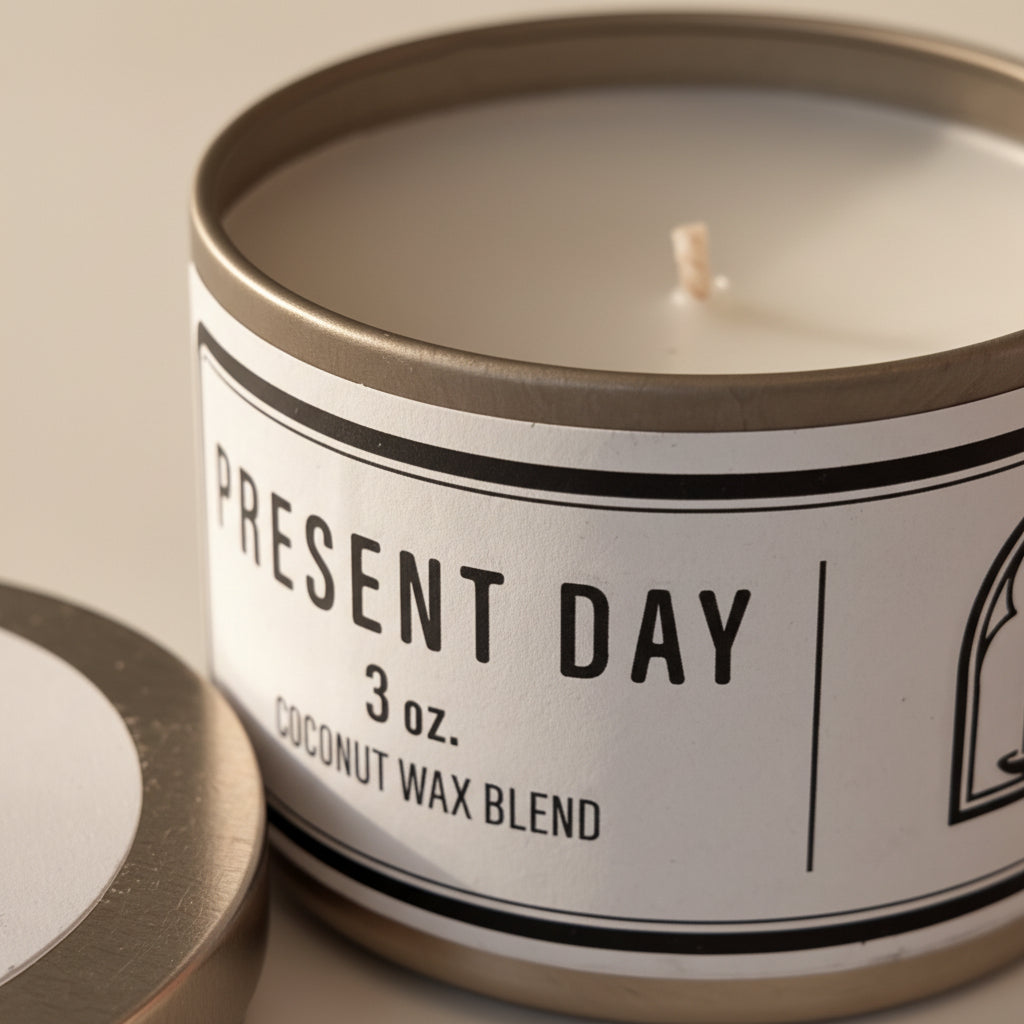Candle in a metal tin labeled 'Present Day' on a white surface