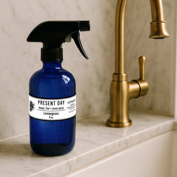 Lemongrass Room + Linen Spray, 4 oz. Blue Glass Bottle