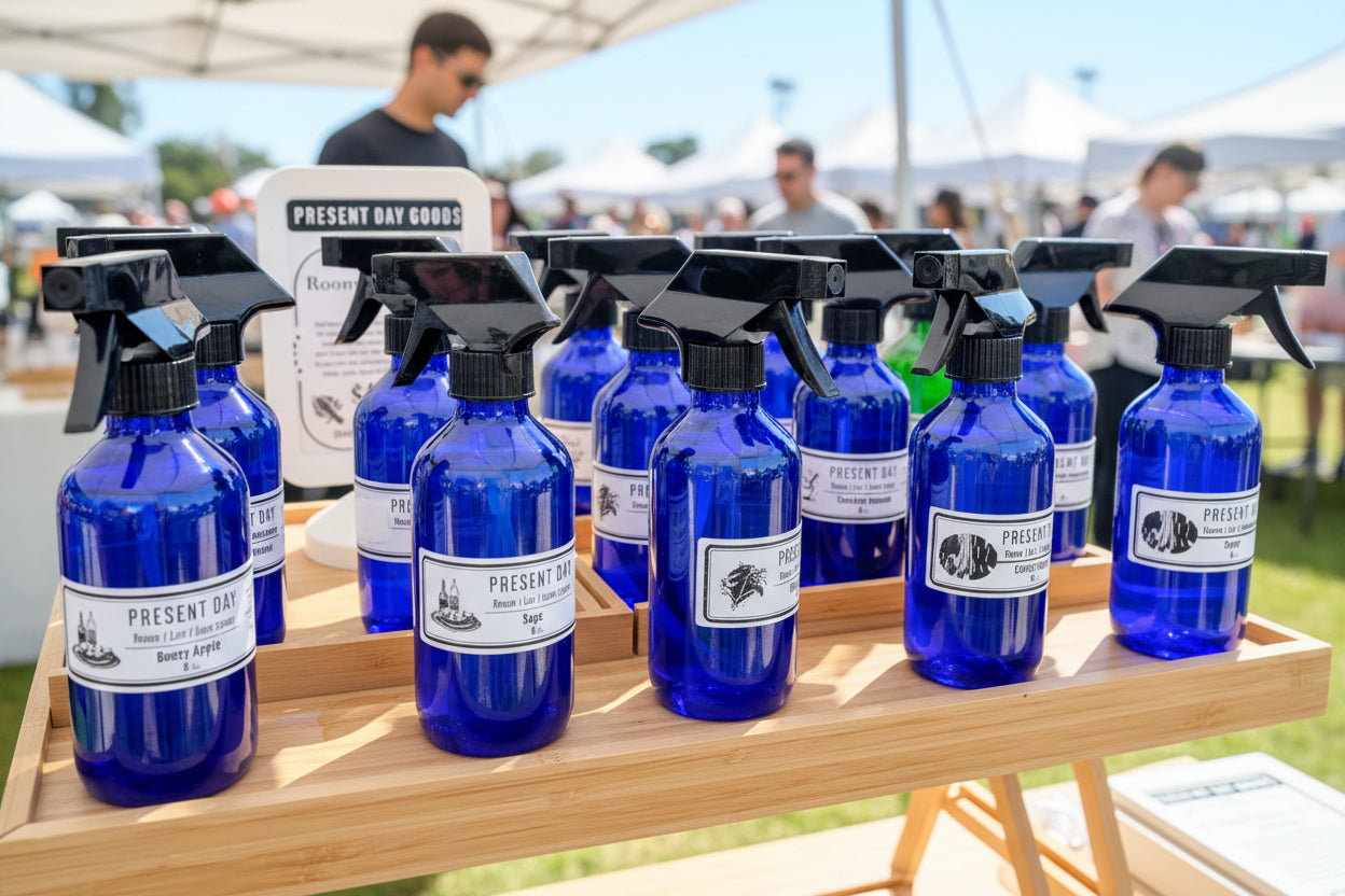 Set of blue spray bottles with black nozzles on a wooden table at a farmers market.