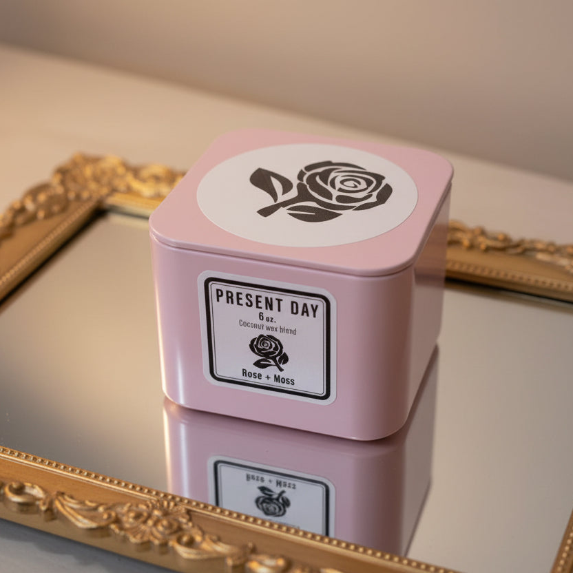 Rosa Fresca Candle – Hand-Poured Coconut Wax in Pink Square Gift Tin, Fresh Rose & Citrus Scent
