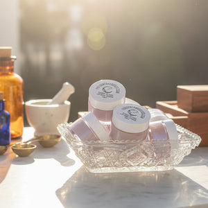 Lip balm containers with 'Present Day Good' branding on a glass tray.