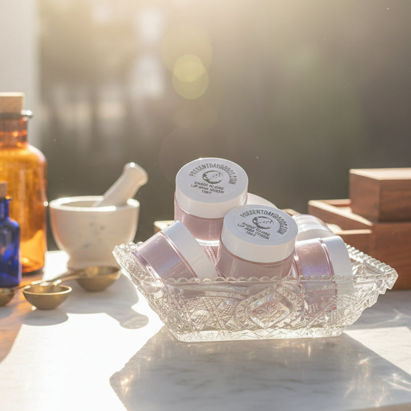 Lip balm containers with 'Present Day Good' branding on a glass tray.