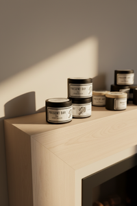 Candles with 'Present Day' branding on a wooden surface with soft lighting.