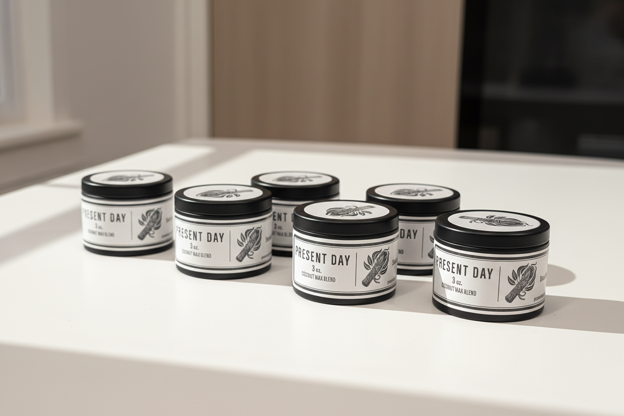 Six jars of 'Present Day' product on a white surface with a neutral background