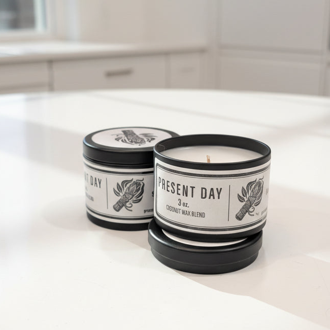 Candle and container labeled 'Present Day' on a white surface